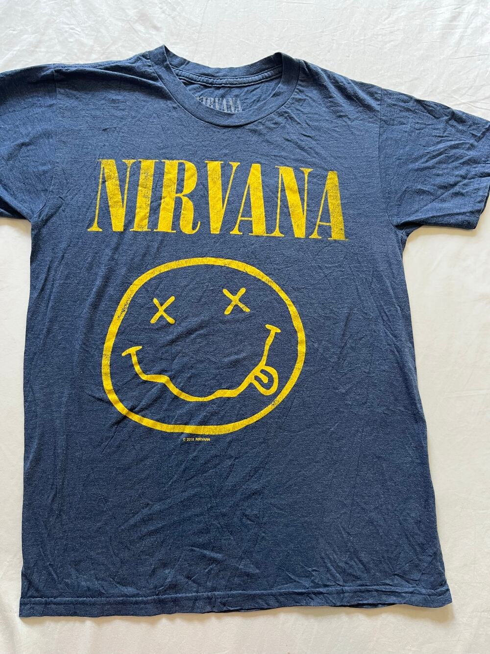 Nirvana Smiley Face Graphic T-Shirt Mens Small Heather Blue Rock Band Tee 2018